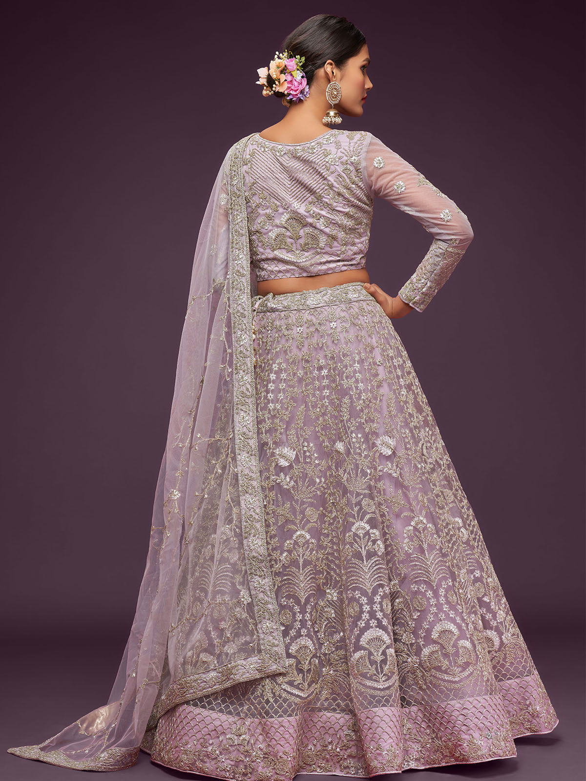 Odette Lavender Soft Net Embellished Semi Stitched Lehenga With Unstitched Blouse For Women