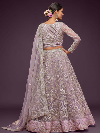 Odette Lavender Soft Net Embellished Semi Stitched Lehenga With Unstitched Blouse For Women