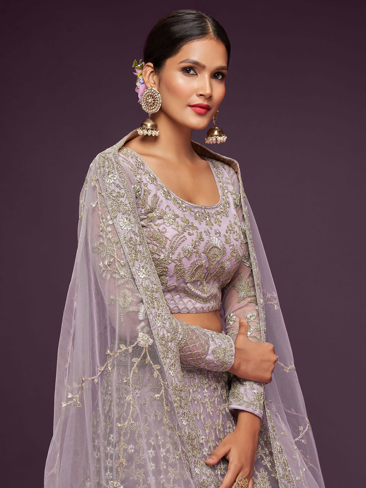 Odette Lavender Soft Net Embellished Semi Stitched Lehenga With Unstitched Blouse For Women