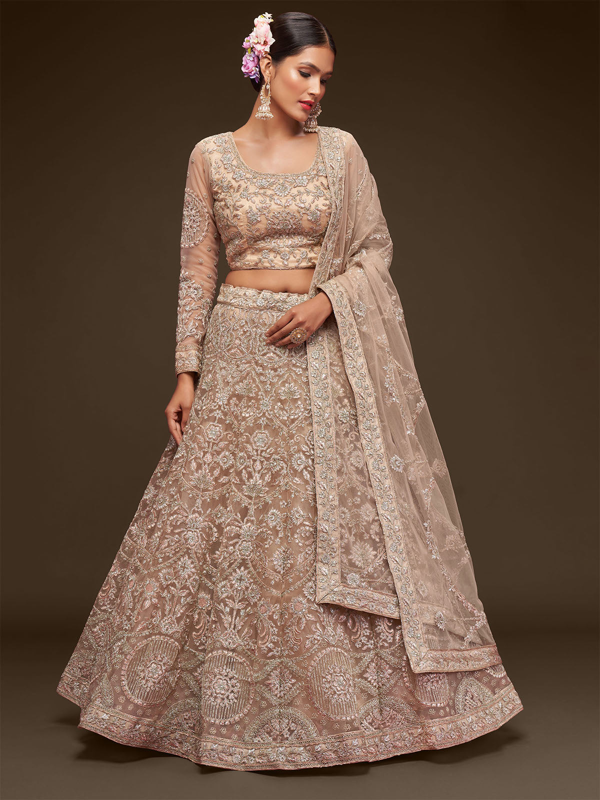 Odette Beige Soft Net Embellished Semi Stitched Lehenga With Unstitched Blouse For Women