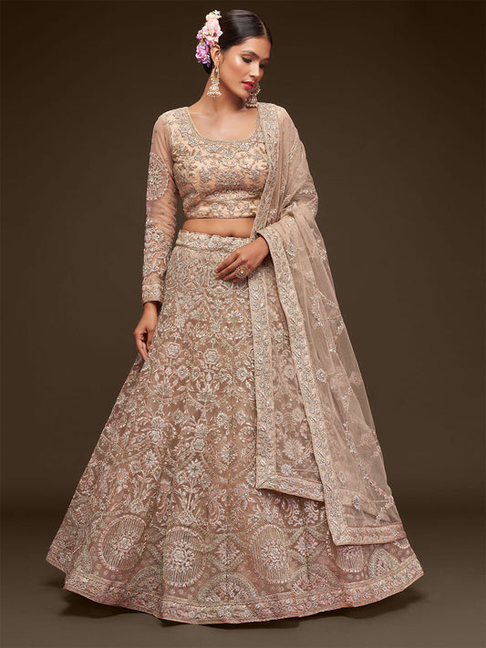 Odette Beige Soft Net Embellished Semi Stitched Lehenga With Unstitched Blouse For Women