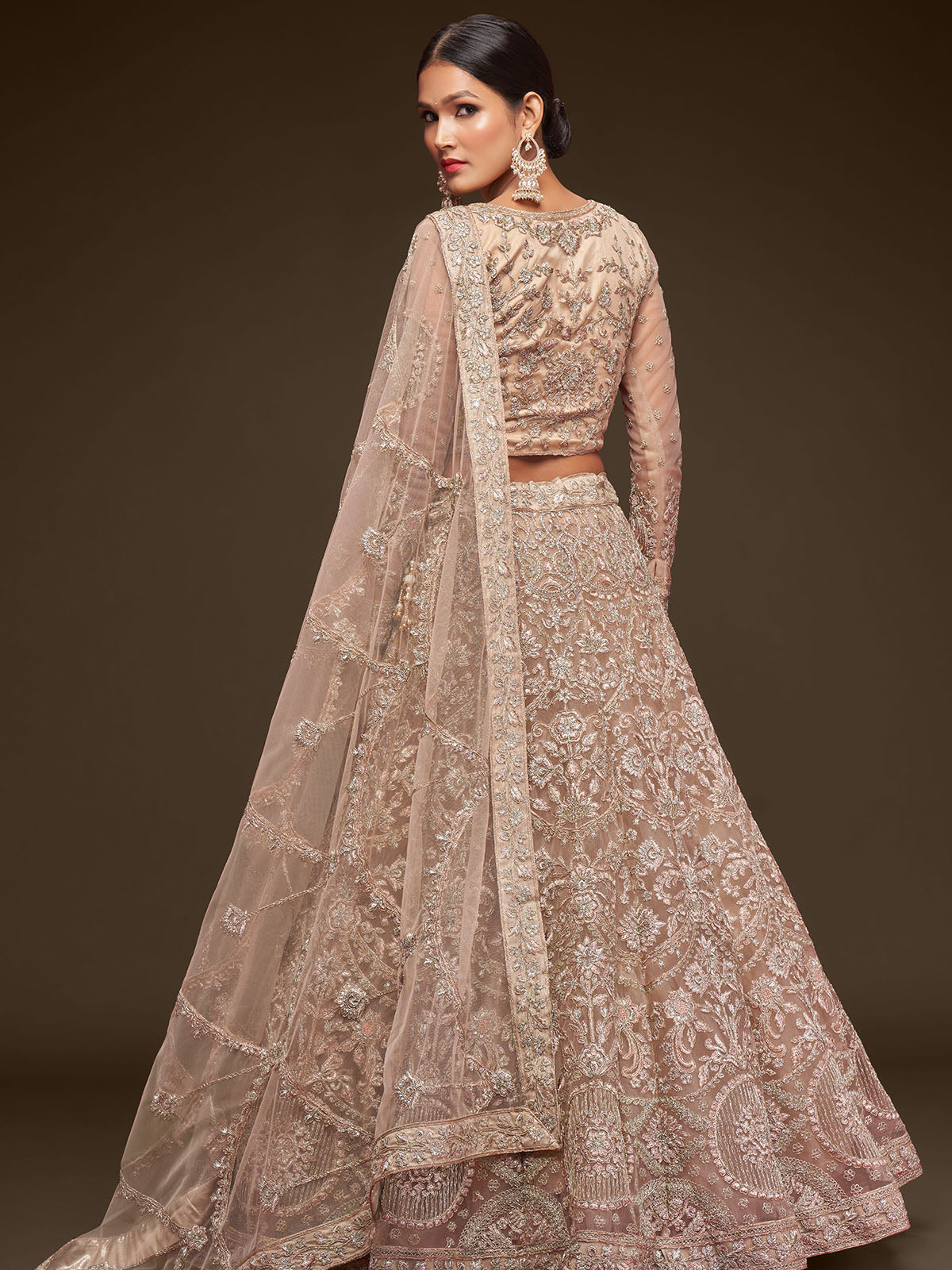 Odette Beige Soft Net Embellished Semi Stitched Lehenga With Unstitched Blouse For Women