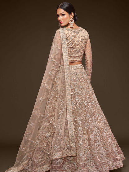 Odette Beige Soft Net Embellished Semi Stitched Lehenga With Unstitched Blouse For Women
