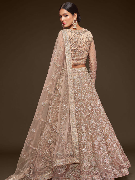 Odette Beige Soft Net Embellished Semi Stitched Lehenga With Unstitched Blouse For Women