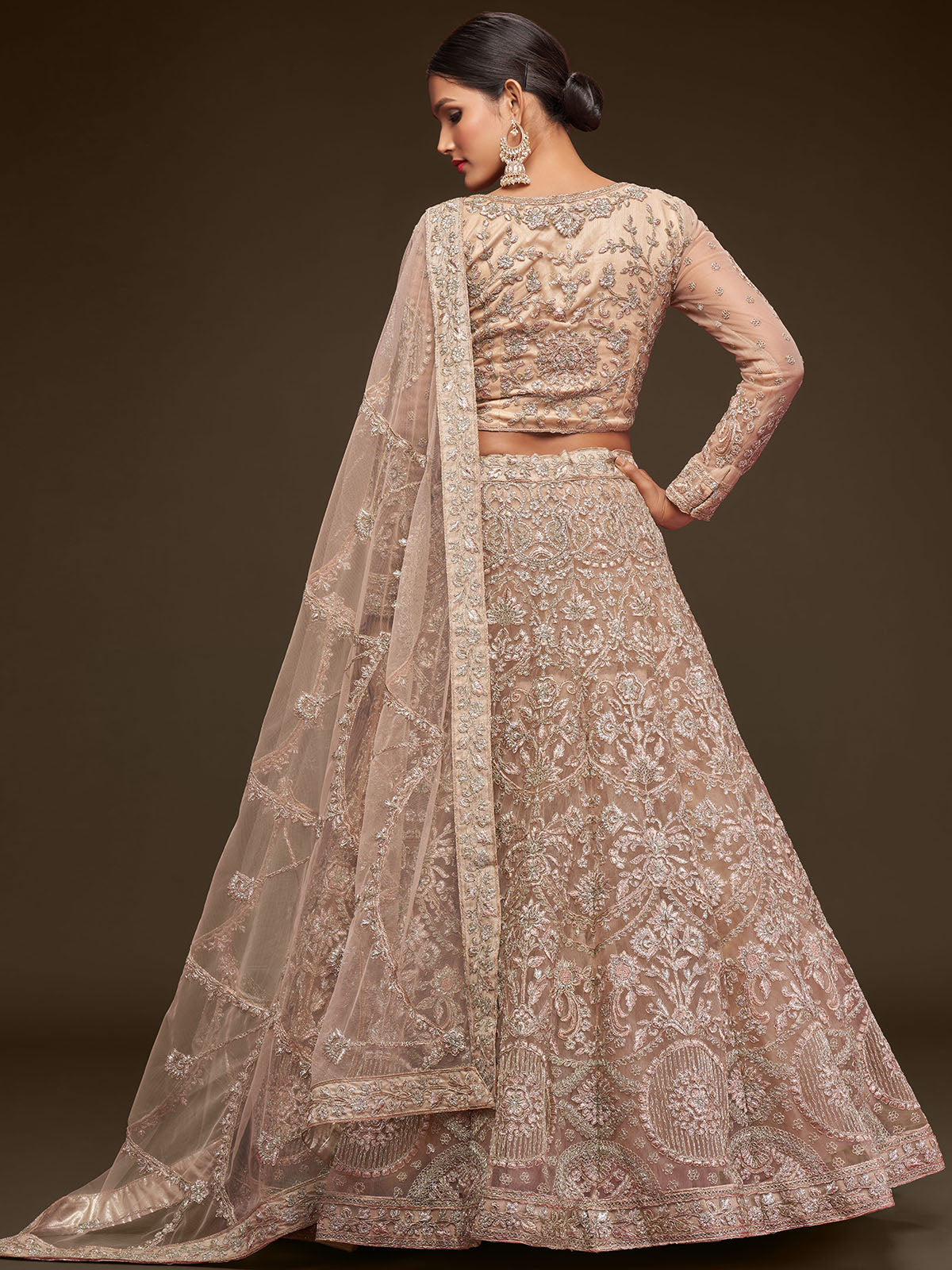 Odette Beige Soft Net Embellished Semi Stitched Lehenga With Unstitched Blouse For Women
