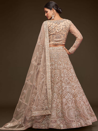 Odette Beige Soft Net Embellished Semi Stitched Lehenga With Unstitched Blouse For Women