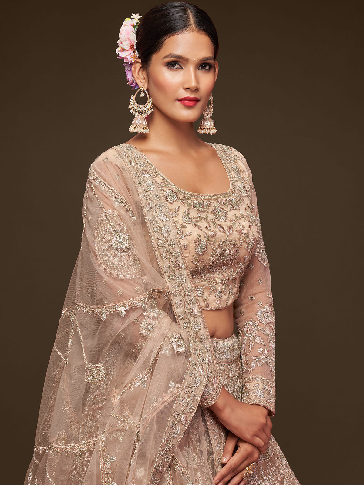 Odette Beige Soft Net Embellished Semi Stitched Lehenga With Unstitched Blouse For Women