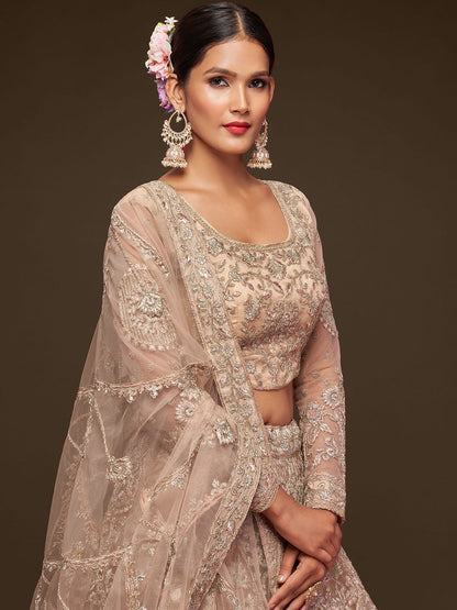 Odette Beige Soft Net Embellished Semi Stitched Lehenga With Unstitched Blouse For Women