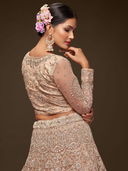 Odette Beige Soft Net Embellished Semi Stitched Lehenga With Unstitched Blouse For Women