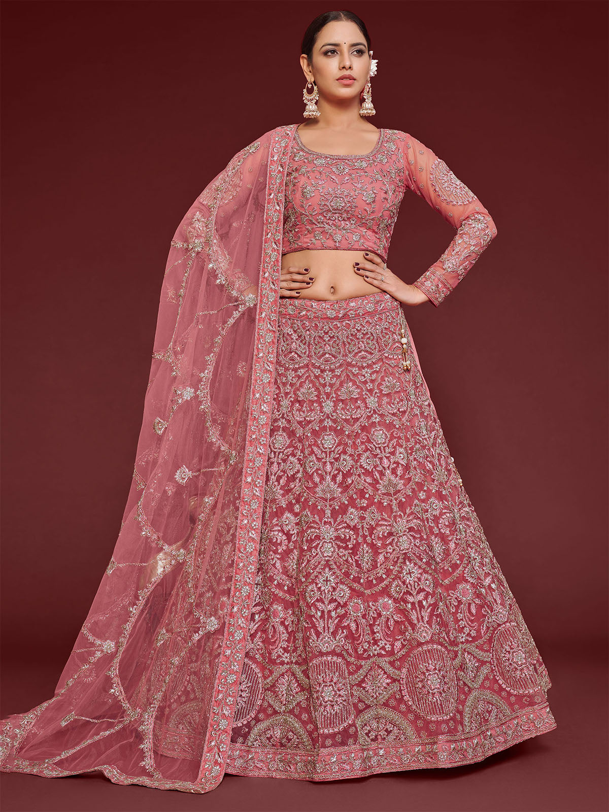 Odette Pink Soft Net Embellished Semi Stitched Lehenga With Unstitched Blouse For Women