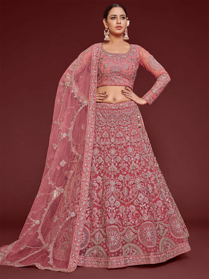 Odette Pink Soft Net Embellished Semi Stitched Lehenga With Unstitched Blouse For Women