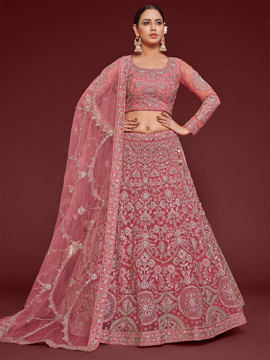 Odette Pink Soft Net Embellished Semi Stitched Lehenga With Unstitched Blouse For Women
