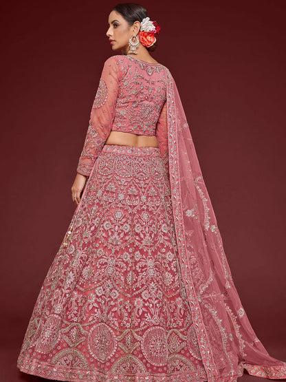 Odette Pink Soft Net Embellished Semi Stitched Lehenga With Unstitched Blouse For Women