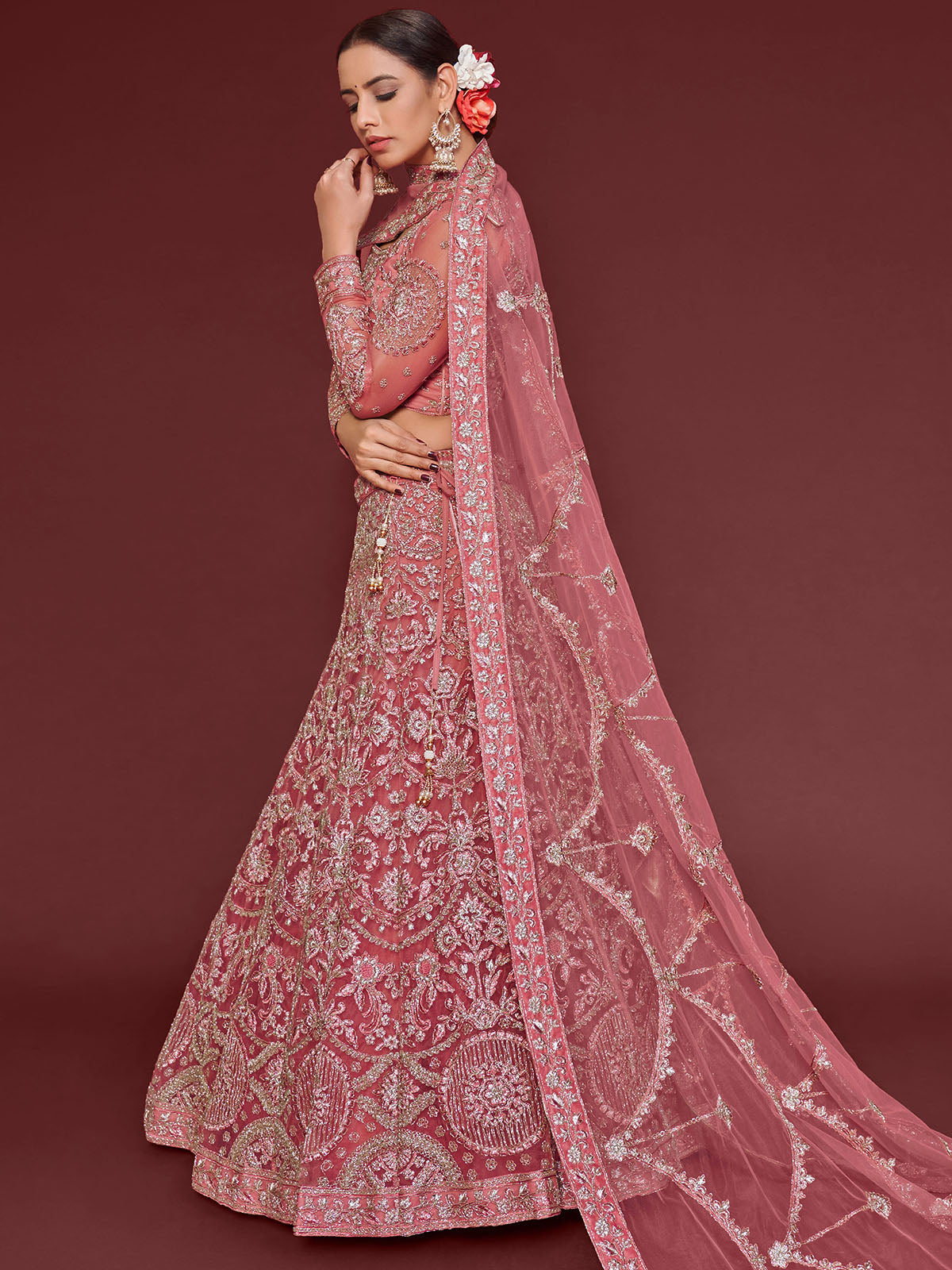 Odette Pink Soft Net Embellished Semi Stitched Lehenga With Unstitched Blouse For Women
