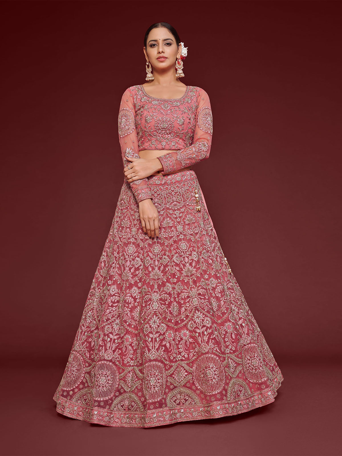 Odette Pink Soft Net Embellished Semi Stitched Lehenga With Unstitched Blouse For Women
