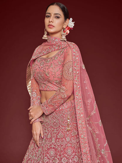 Odette Pink Soft Net Embellished Semi Stitched Lehenga With Unstitched Blouse For Women