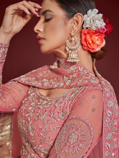 Odette Pink Soft Net Embellished Semi Stitched Lehenga With Unstitched Blouse For Women