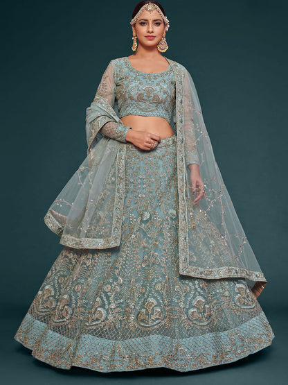 Odette Light Blue Soft Net Embellished Semi Stitched Lehenga With Unstitched Blouse For Women