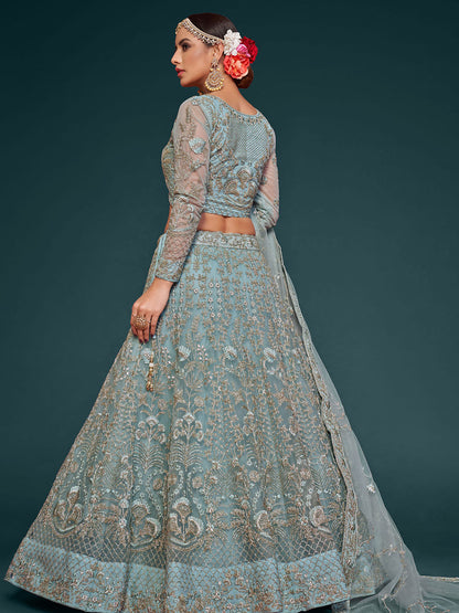 Odette Light Blue Soft Net Embellished Semi Stitched Lehenga With Unstitched Blouse For Women