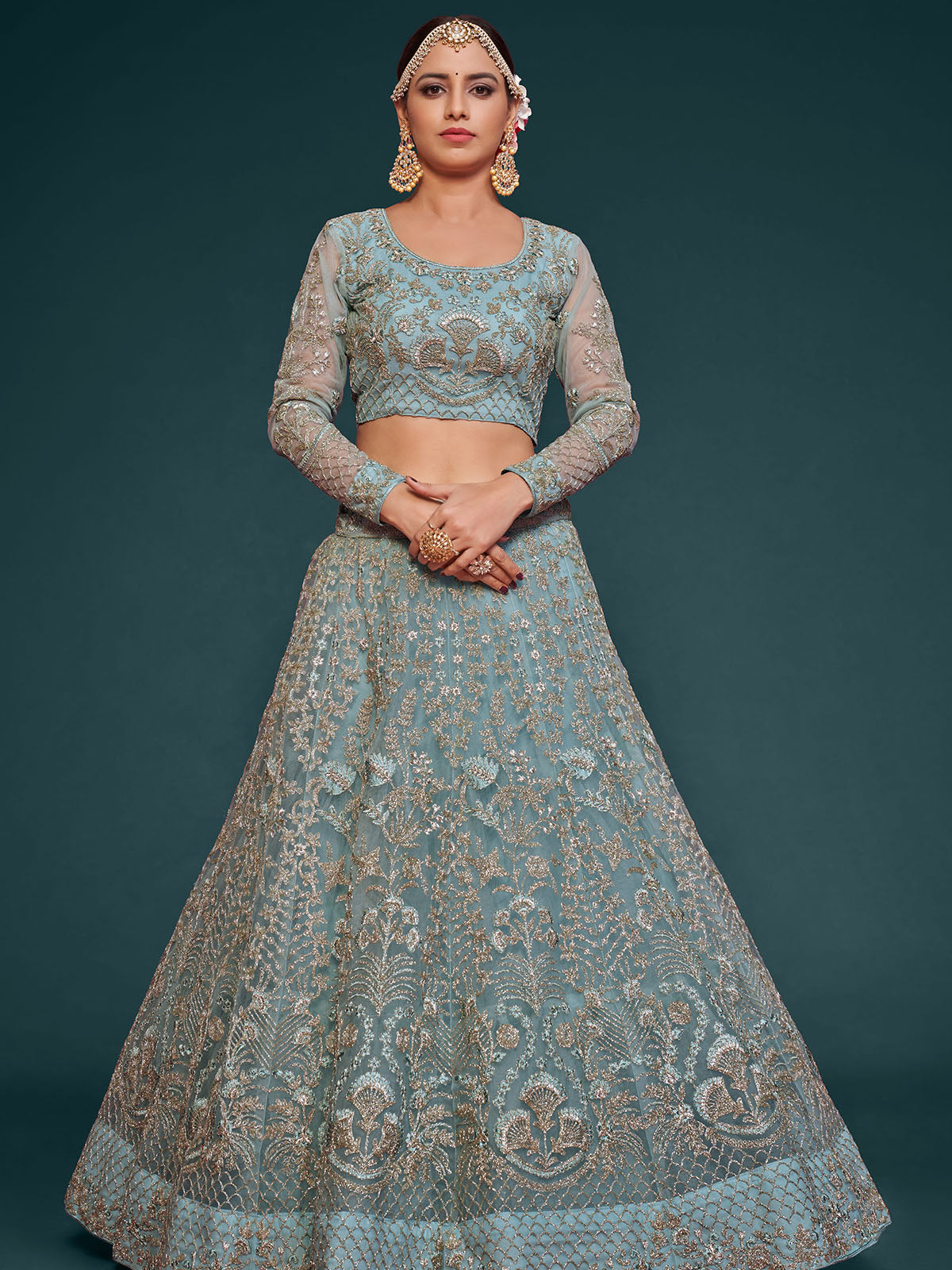 Odette Light Blue Soft Net Embellished Semi Stitched Lehenga With Unstitched Blouse For Women