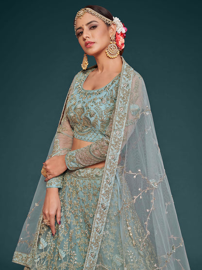 Odette Light Blue Soft Net Embellished Semi Stitched Lehenga With Unstitched Blouse For Women