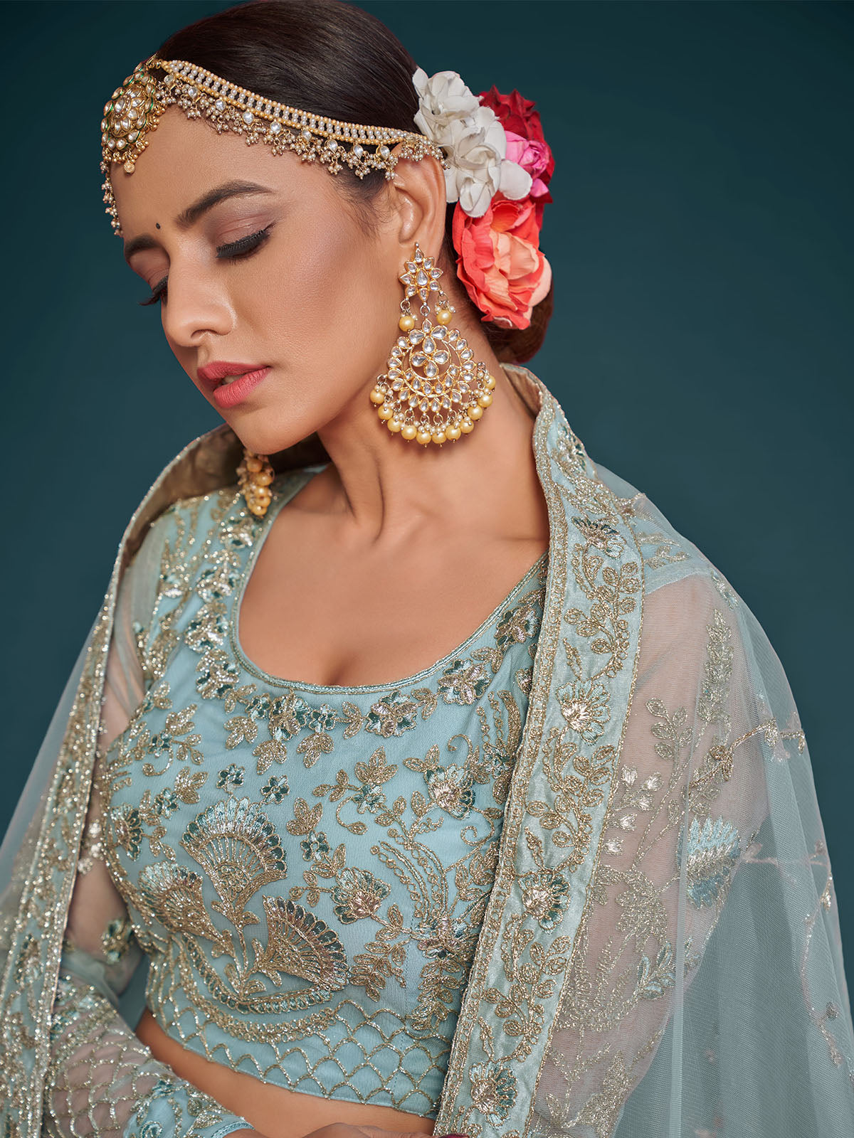 Odette Light Blue Soft Net Embellished Semi Stitched Lehenga With Unstitched Blouse For Women