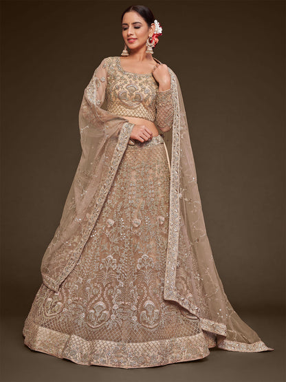 Odette Beige Soft Net Embellished Semi Stitched Lehenga With Unstitched Blouse For Women