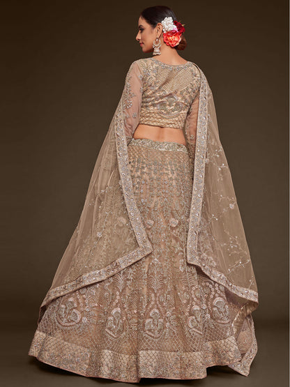 Odette Beige Soft Net Embellished Semi Stitched Lehenga With Unstitched Blouse For Women