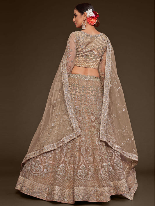 Odette Beige Soft Net Embellished Semi Stitched Lehenga With Unstitched Blouse For Women