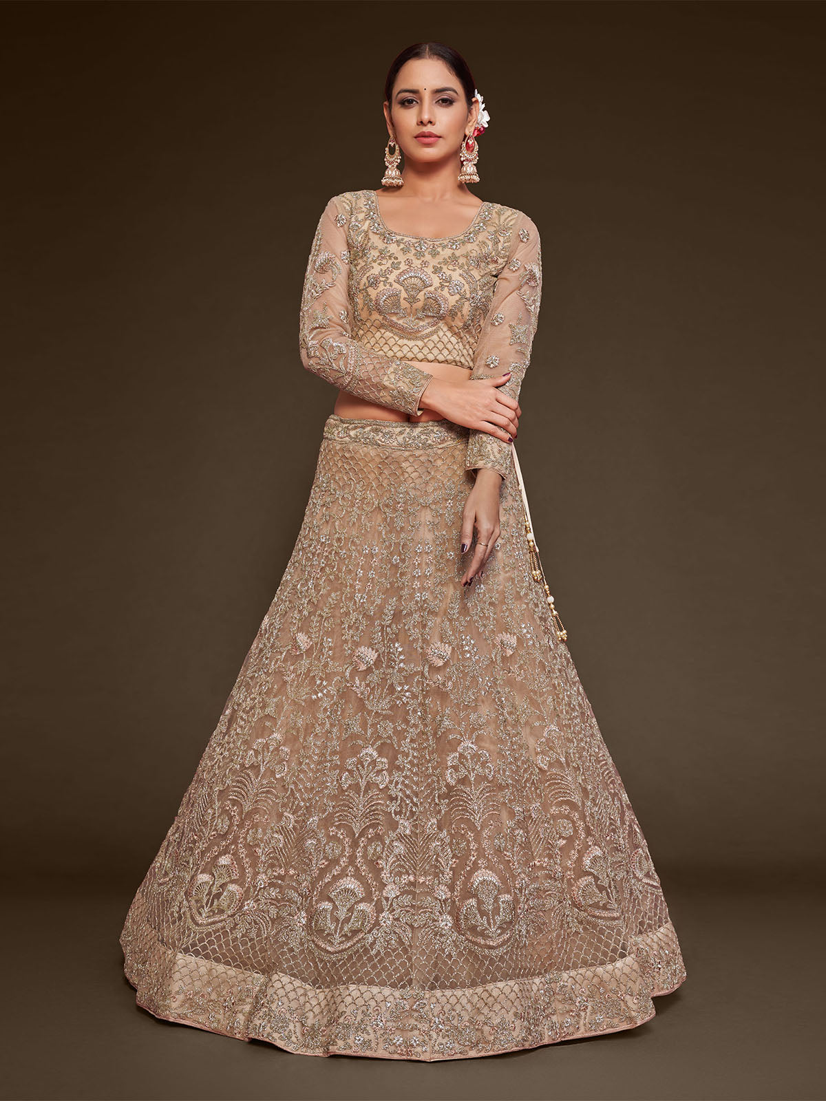 Odette Beige Soft Net Embellished Semi Stitched Lehenga With Unstitched Blouse For Women