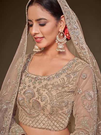 Odette Beige Soft Net Embellished Semi Stitched Lehenga With Unstitched Blouse For Women