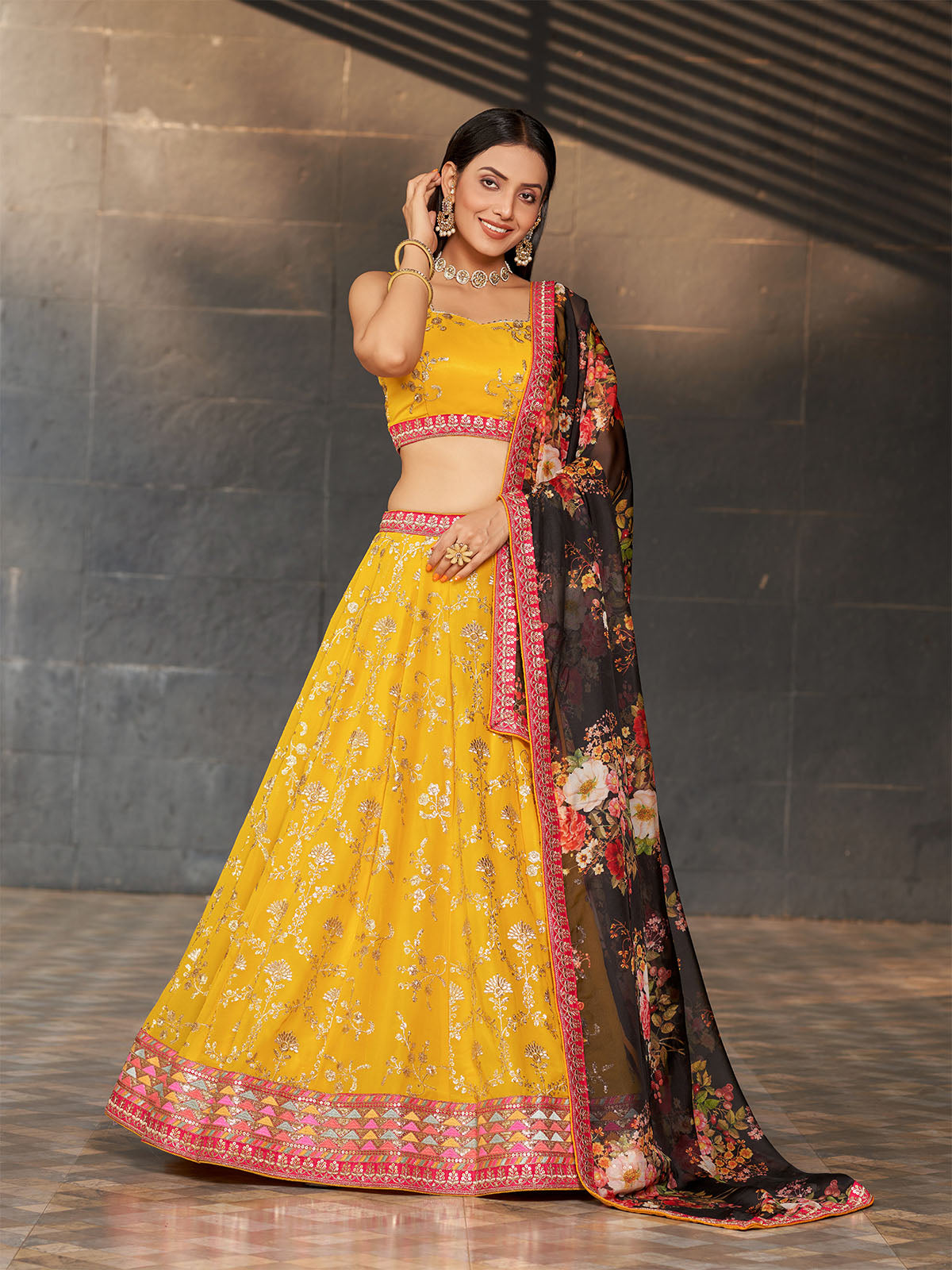 Odette Yellow Georgette Embroidered Semi Stitched Lehenga With Unstitched Blouse For Women