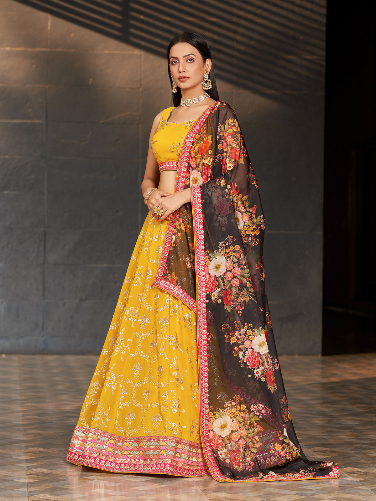 Odette Yellow Georgette Embroidered Semi Stitched Lehenga With Unstitched Blouse For Women