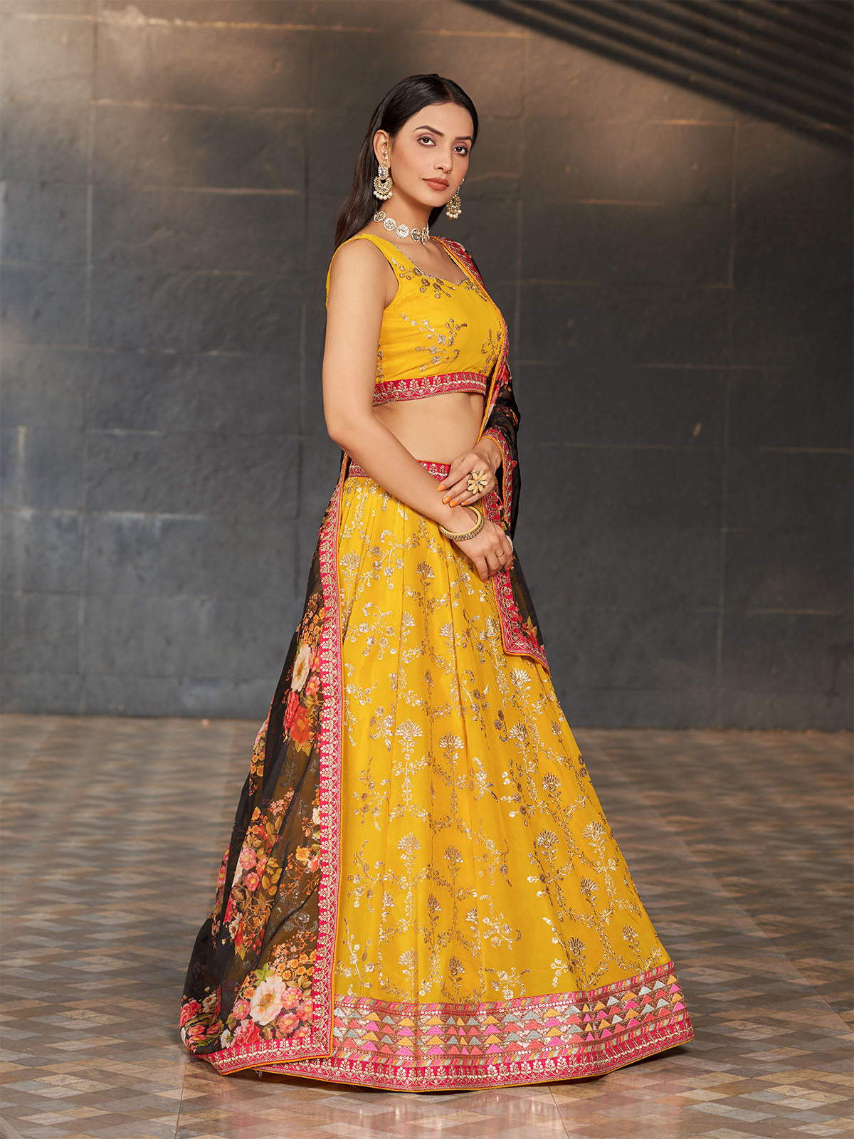 Odette Yellow Georgette Embroidered Semi Stitched Lehenga With Unstitched Blouse For Women