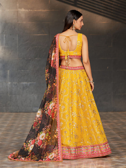 Odette Yellow Georgette Embroidered Semi Stitched Lehenga With Unstitched Blouse For Women