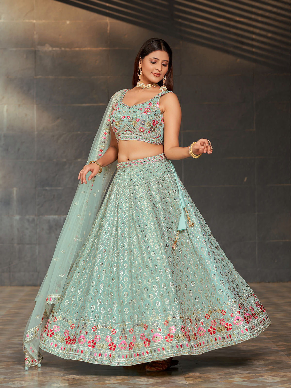 Odette Light Blue Georgette Embroidered Semi Stitched Lehenga With Unstitched Blouse For Women