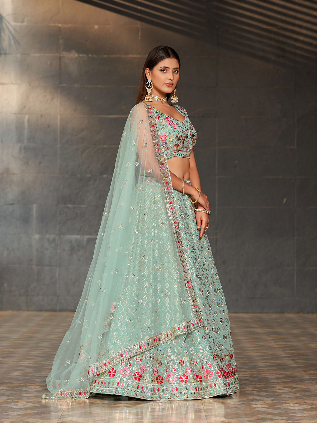 Odette Light Blue Georgette Embroidered Semi Stitched Lehenga With Unstitched Blouse For Women