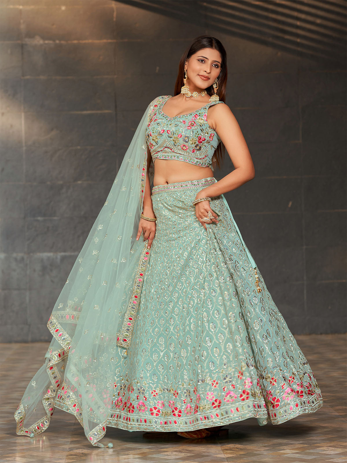 Odette Light Blue Georgette Embroidered Semi Stitched Lehenga With Unstitched Blouse For Women