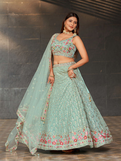 Odette Light Blue Georgette Embroidered Semi Stitched Lehenga With Unstitched Blouse For Women