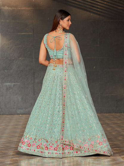 Odette Light Blue Georgette Embroidered Semi Stitched Lehenga With Unstitched Blouse For Women
