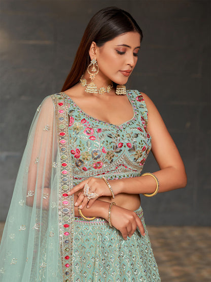 Odette Light Blue Georgette Embroidered Semi Stitched Lehenga With Unstitched Blouse For Women