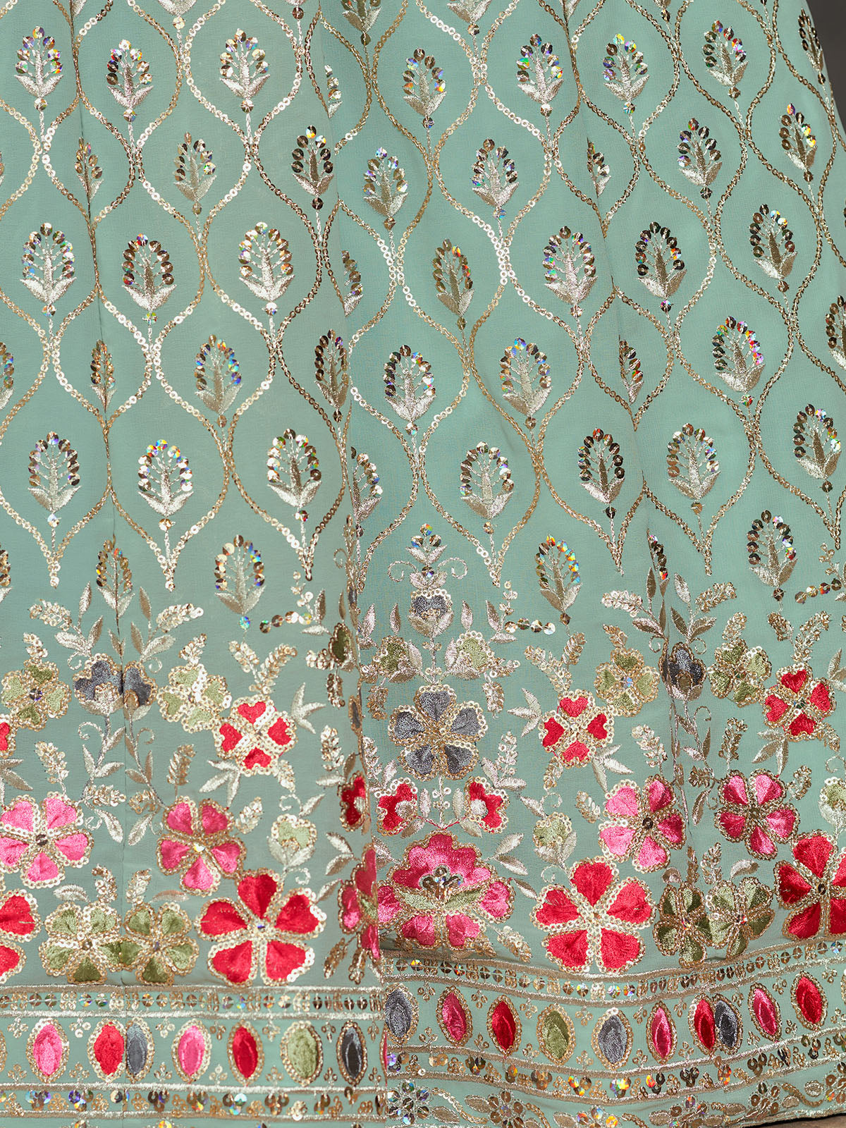 Odette Light Blue Georgette Embroidered Semi Stitched Lehenga With Unstitched Blouse For Women