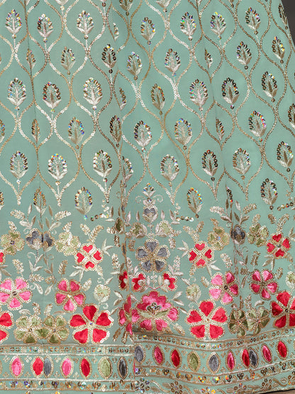 Odette Light Blue Georgette Embroidered Semi Stitched Lehenga With Unstitched Blouse For Women