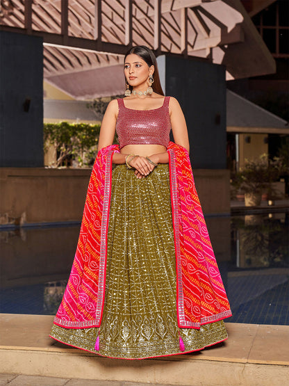 Odette Olive Georgette Embellished Semi Stitched Lehenga With Unstitched Blouse For Women
