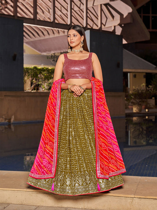 Odette Olive Georgette Embellished Semi Stitched Lehenga With Unstitched Blouse For Women