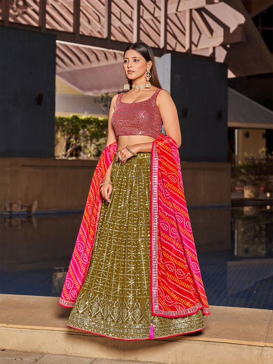 Odette Olive Georgette Embellished Semi Stitched Lehenga With Unstitched Blouse For Women