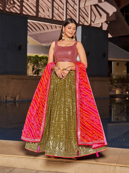 Odette Olive Georgette Embellished Semi Stitched Lehenga With Unstitched Blouse For Women