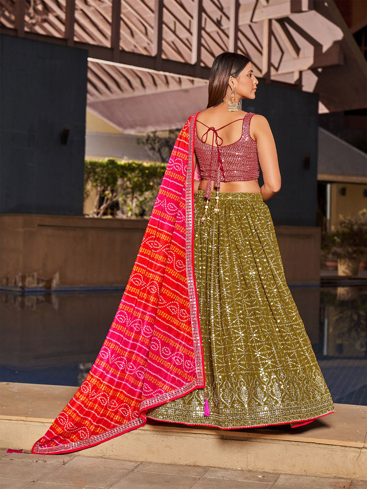 Odette Olive Georgette Embellished Semi Stitched Lehenga With Unstitched Blouse For Women