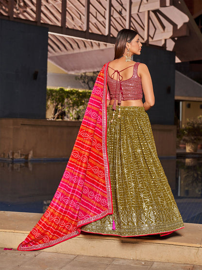 Odette Olive Georgette Embellished Semi Stitched Lehenga With Unstitched Blouse For Women