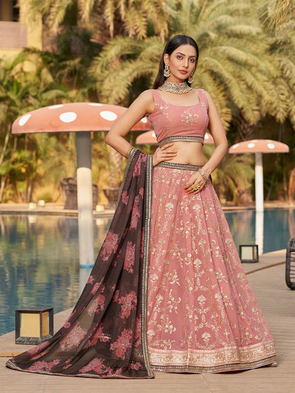 Odette Pink Georgette Embroidered Semi Stitched Lehenga With Unstitched Blouse For Women